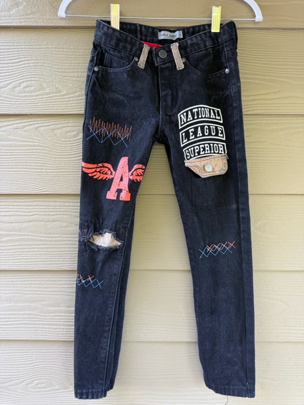 Public Supply NY Boys' Black Distressed-Style Graphics Patch Jeans Red Accent - Picture 2 of 10